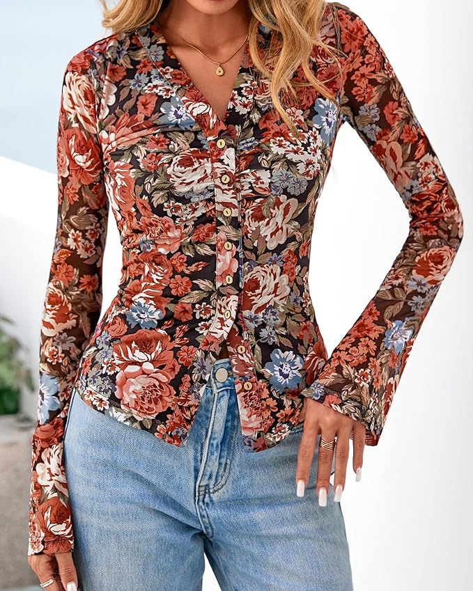 BTFBM Button Down Shirts for Women 2026 Fall Boho Tops V Neck Long Sleeve Blouses Ruched Mesh Fitted Fashion Clothing - Image 5