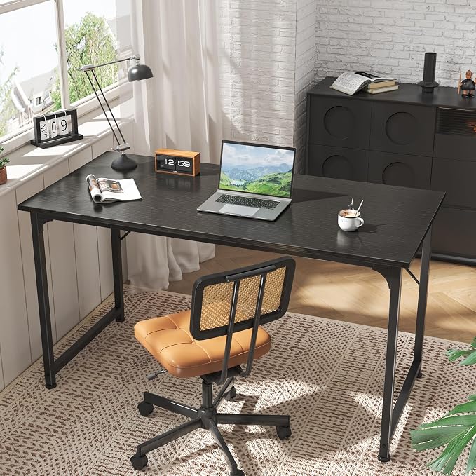 Huuger Computer Desk, 55 Inch Home Office Desk, Gaming Writing Work from Home Study Desk, Large Legroom, Sturdy Metal Frame, Modern Simple, Black - Image 6