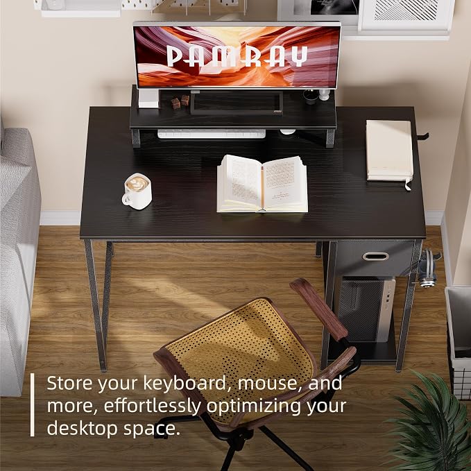 Pamray 39 Inch Small Computer Desk with Monitor Stand and Drawer for Gaming | Small Gaming Desk, for Bedroom Small Spaces, Home Office, Dorm and Apartment, for Writing, Study and Working - Image 3