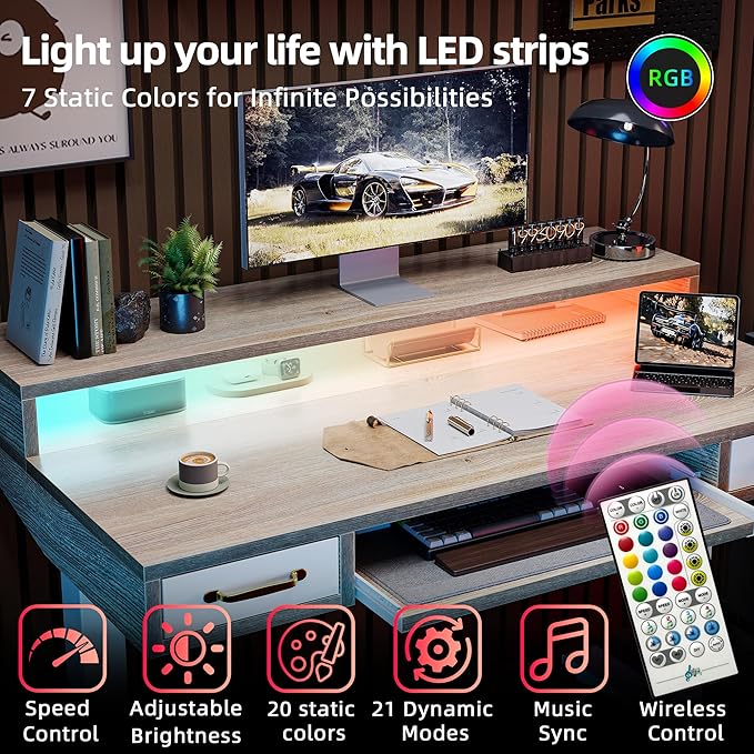 TIQLAB Standing Desk with Two Drawers, Stand Up Standing Desk Adjustable Height, Electric Sit Stand Table with Storage Shelf and Splice Board, with LED Light, 47 * 28 inch, Maple - Image 4