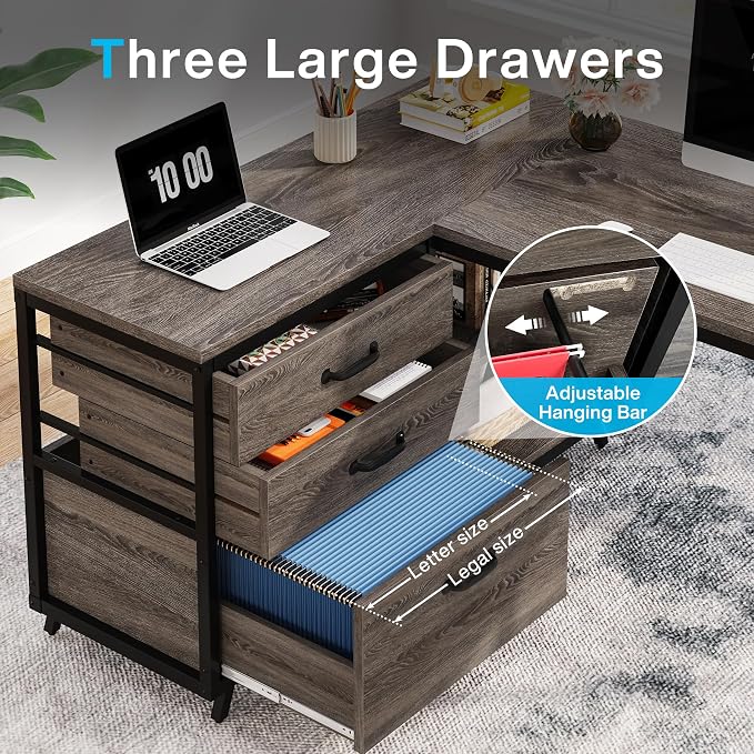 Tribesigns L-Shaped Desk with 3 Drawers, Reversible Corner Home Office Computer Desk with Shelves, 53-Inch Industrial PC Desk Study Writing Table Workstation for Small Space, Grey - Image 4