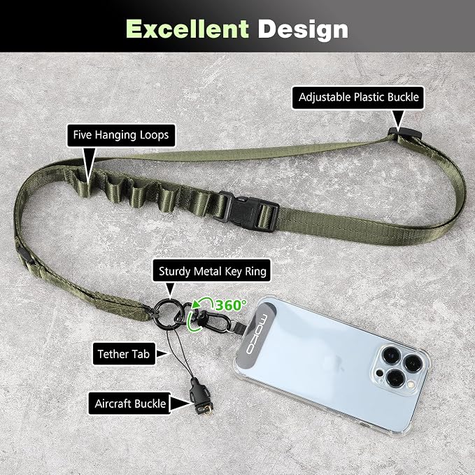 MoKo Universal Phone Lanyard, Nylon Adjustable Cell Phone Crossbody Strap Detachable Women & Men Cellphone Lanyards Around the Neck with Patches for iPhone, Most Smartphone, Army Green - Image 2
