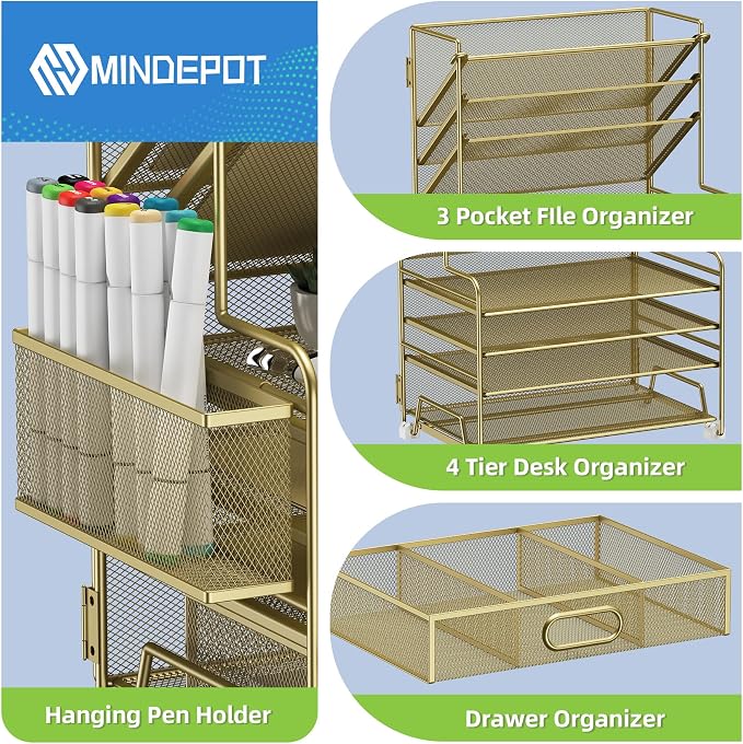 MINDEPOT 4-Tier Paper Organizer + 3-Pocket File Holder + Drawer + Pen Holders, Desktop File Organizers Paper Tray for Office Supplies School Classroom Organization (Gold, with Drawer & Pen Holder) - Image 3