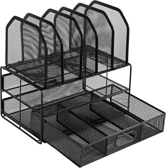 Amazon Basics Mesh Desk Organizer with Sliding Drawer, Double Tray and 5 Upright Sections, File Holder for Office Supplies, Paper Letter Tray, Black by AmazonBasics