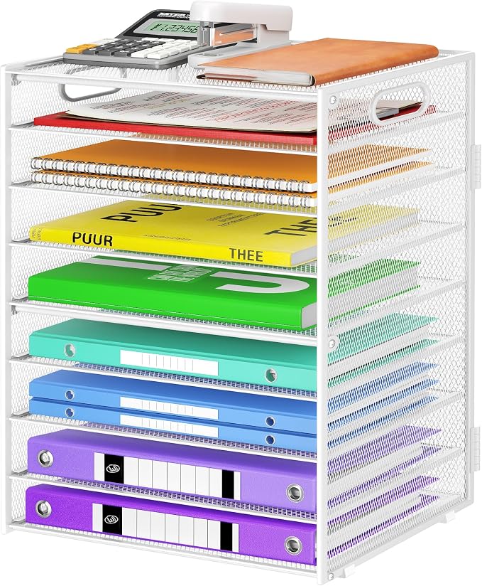 Cawukege 9 Tier Paper Organizer with Handle, White Large Capacity Desk Organizer Mesh File Folder Letter Paper Tray Desktop Document Sorter for Classroom, School, and Office Accessories Organization by Cawukege