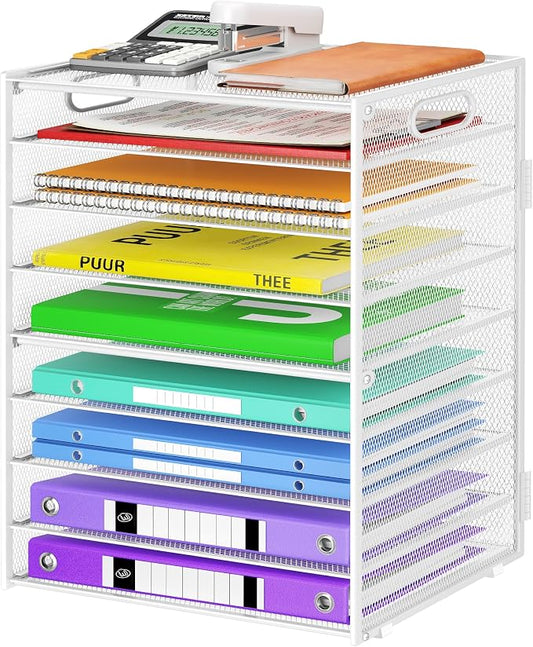 Cawukege 9 Tier Paper Organizer with Handle, White Large Capacity Desk Organizer Mesh File Folder Letter Paper Tray Desktop Document Sorter for Classroom, School, and Office Accessories Organization by Cawukege