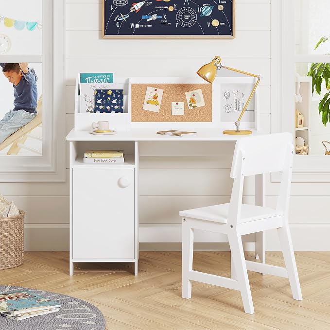 UTEX Wooden Kids Desk and Chair Set with Hutch and Storage for Ages 3-8 | Kids Study Table with Cork Bulletin Board, School Desk, Multi-Zone Storage, Water-based Paint Finish for Kids Room - Image 6
