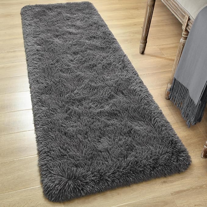 Tepook Fluffy Runner Rugs for Bedroom Aesthetic 2x6 Feet, Shag Soft Bedside Rug with Non-Slip Bottom, Fuzzy Plush Carpet for Room, Hallway Rug for Nursery Dorm Indoor Home Decor, Dark Grey - Image 4