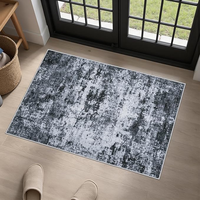 Washable Area Rug 2x3 Entryway Rug: Washable Modern Abstract Soft Thin Rug Indoor Floor No Slip Stain Resistant Carpet for Bedroom Dining Room Farmhouse Nursery Home Office - Black by FXRHLP