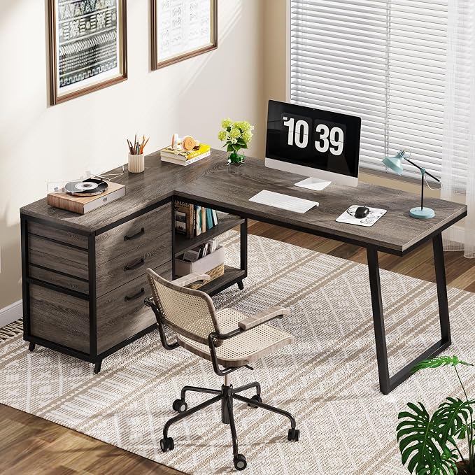 Tribesigns L-Shaped Desk with 3 Drawers, Reversible Corner Home Office Computer Desk with Shelves, 53-Inch Industrial PC Desk Study Writing Table Workstation for Small Space, Grey - Image 3