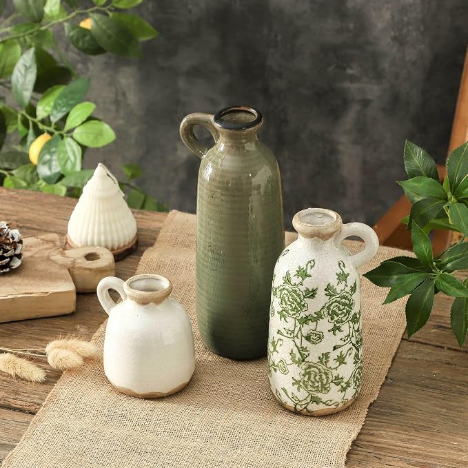 Vintage Vase Set of 3 with Handle, Ceramic Vintage Rustic Vases Home Decor Farmhouse Decorative Vase Pottery Decor Modern for Table Mantel Entryway Bookshelf Living Room Kitchen Bedroom - Green - Image 5