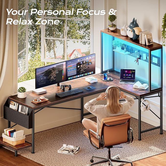 PRAISUN L Shaped Gaming Desk with LED Lights & Power Outlets, Reversible Computer Desk with Storage Shelves & Bag, Large Corner Home Office Desk with Pegboard for Work from Home, Rustic Brown - Image 6