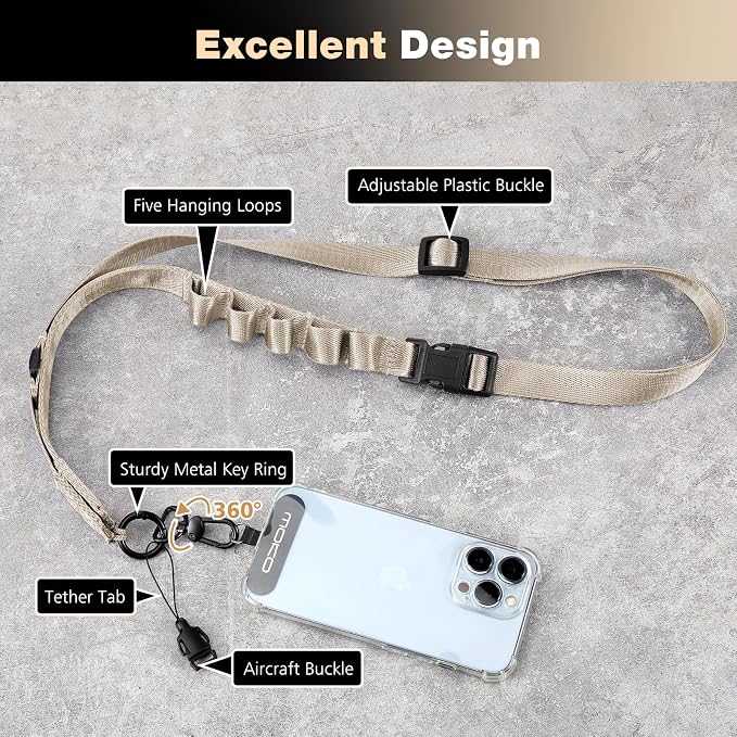 MoKo Universal Phone Lanyard, Nylon Adjustable Cell Phone Crossbody Strap Detachable Women & Men Cellphone Lanyards Around the Neck with Patches for iPhone, Most Smartphones, Light Khaki - Image 2