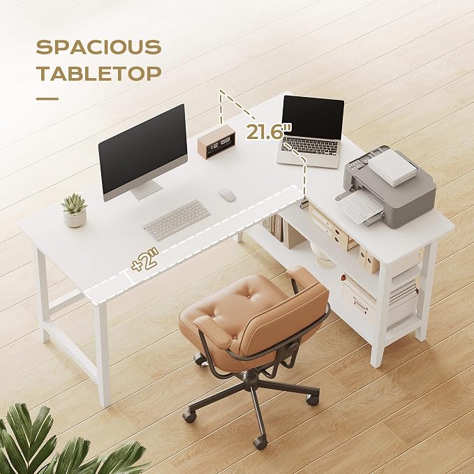 IOTXY Reversible L-Shaped Office Desk - 53" Modern Corner Computer Table with Storage Shelves, Solid Wood Legs, Home Writing & Study Workstation, White - Image 7