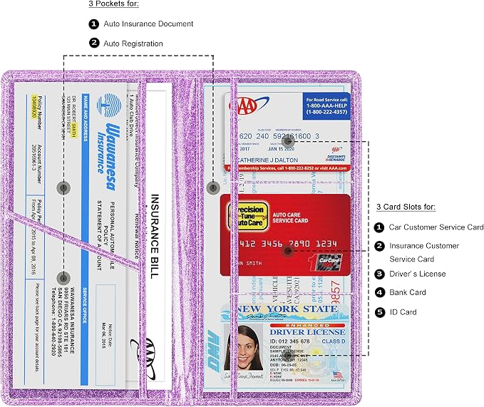 TOURSUIT Car Registration and Insurance Card Holder, Glitter Purple | Vehicle License Document Organizer, Glove Box Compartment, Interior Car Accessories, For Women Men - Image 2