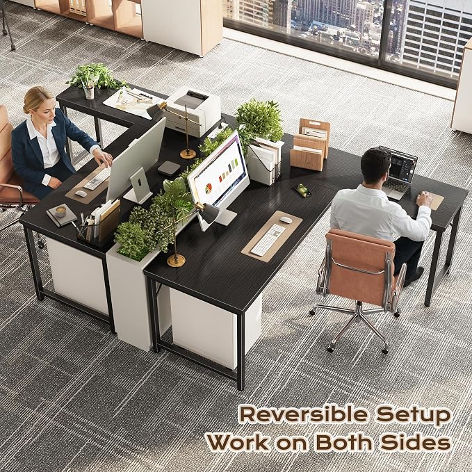 Huuger 55 Inch L Shaped Desk with Power Outlets and USB-C Port, Reversible Computer Desk, Larger Office Corner Gaming Desk, 0.95 Inch Thicker Desktop, Metal Frame, for Home Office, Study, Black - Image 2