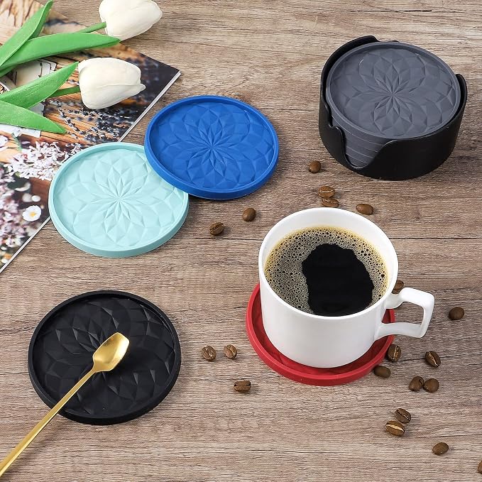 ME.FAN Silicone Coasters with Holder,[6 Pack] Drinking Coasters - Cup Mat for Hot or Cold Drinks, Thickened, Non-Slip, Non-stick,Deep Tray Dark Grey - Image 6