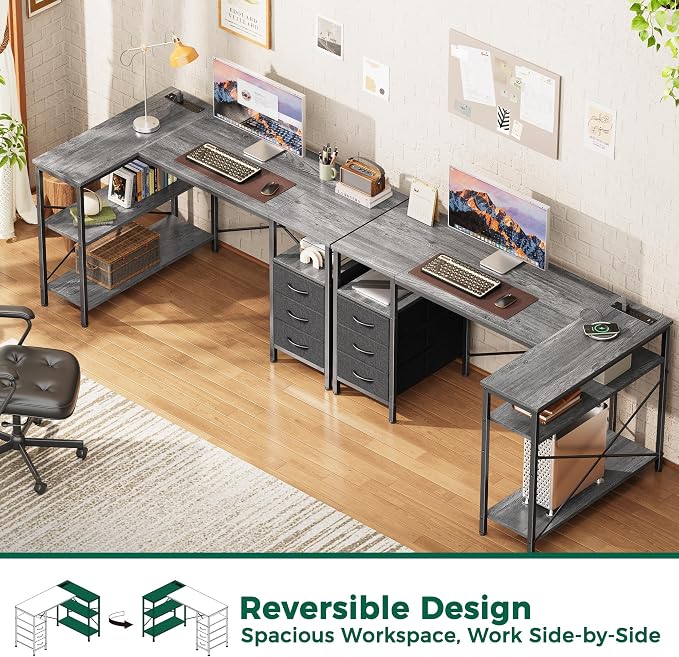 Huuger L Shaped Office Desk with Power Outlets, 47 Inch Computer Desk with 3 Drawers, Shelves, for Gaming, Corner Work, Home Office, Study, Grey - Image 4
