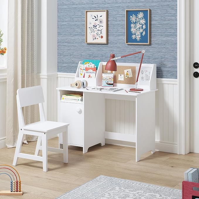 UTEX Wooden Kids Desk and Chair Set with Hutch and Storage for Ages 3-8 | Kids Study Table with Cork Bulletin Board, School Desk, Multi-Zone Storage, Water-based Paint Finish for Kids Room - Image 8