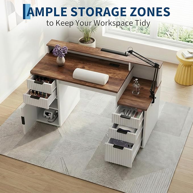 Rectangular Computer Desk with Hutch & Printer Stand, Ripple Door Storage Home Office Desk, Space-Saving Study Writing Desk for Bedroom, Sturdy Board Student Desk with Easy Assembly, Brown & White - Image 4