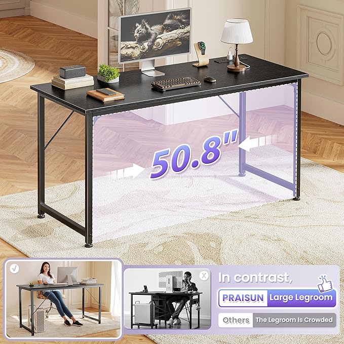 PRAISUN 55 X 20 Inch Computer Desk, Power Outlets, USB-C, Black | Office Desk with 4 AC Outlets, USB & USB-C, Sturdy Metal Frame, Spacious Desktop for Work, Writing, Study & Gaming - Image 5