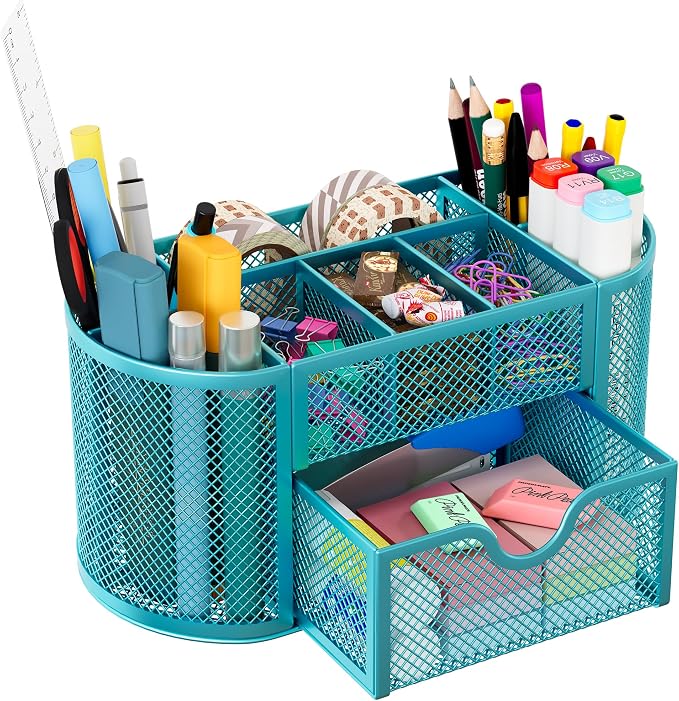 EasyPAG Mesh Pen Holder Desk Organizer with Drawer Stationery Supplies Organizer for Dorm School 9 Compartments Workspace Desk Accessories Organization for Office, Blue by EasyPAG