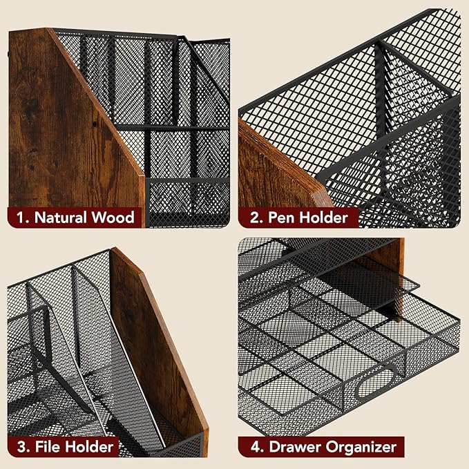 Homsorout Wooden Desk Organizer - Mesh File Organizer with Drawers and Pen Holder - 4-Tier Vertical Paper Letter Storage Tray, Desktop Organizers and Accessories for Home Office - Image 5