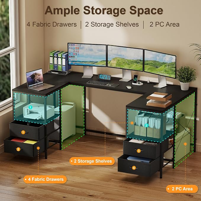 YOSHOOT 67" U Shaped Computer Desk, Reversible L Shaped Gaming Desk | Corner Desk with Power Outlets, 4 Drawers, 2 Storage Shelf, Computer Table with 4 Installation Methods, Black - Image 5