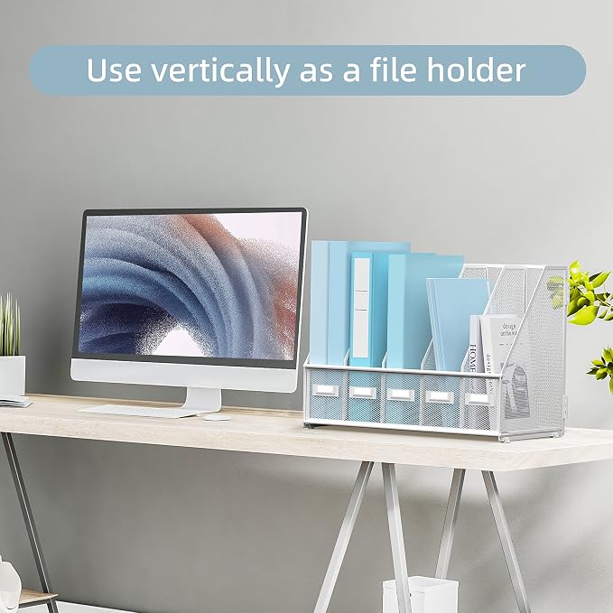 SUPEASY Desk Organizers Metal Desk Magazine File Holder with 5 Vertical Compartments Rack File Organizer for Office Desktop, Home Workspace, White (Pack of 2) - Image 2