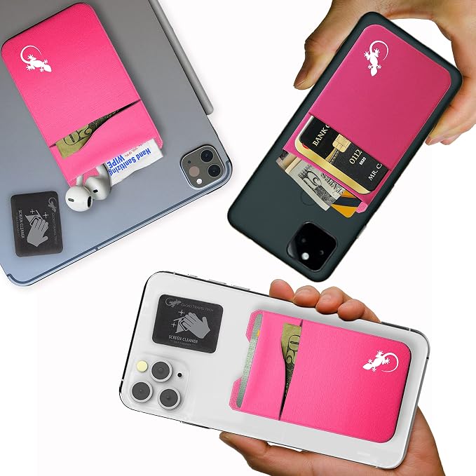 Gecko Travel Tech Double Pocket - Adhesive Card Holder - Cell Phone Pouch - Stick on Spandex Pocket - Carry Credit Cards and Cash (PINK-WHITE) - Image 2