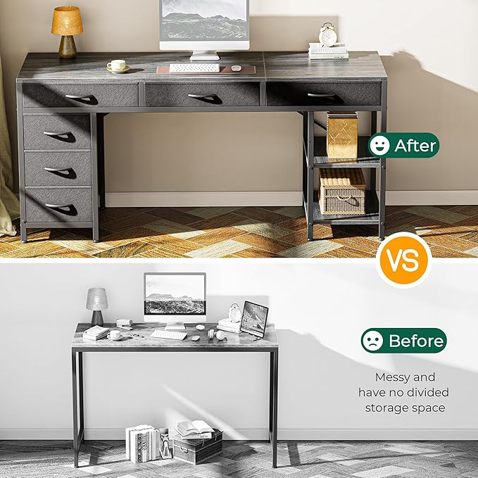 Huuger Computer Desk with 6 Drawers, Office Desk with Shelves, Reversible Gaming Desk, Corner Desk with Storage, Work for Home Office, Study, Living Room, 63inch, Grey - Image 6