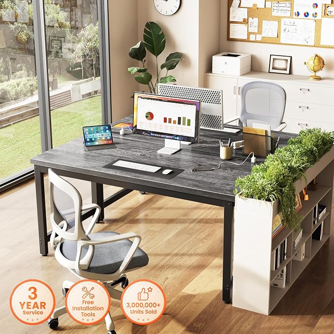 Huuger 55 x 24 inch Desk with Power Outlets & USB-C, Deeper & Thicker Desktop, Robust Metal Tubes, Computer Desk, Heavy Duty Office Desk, Work Gaming Desk for Home Office, Grey - Image 3