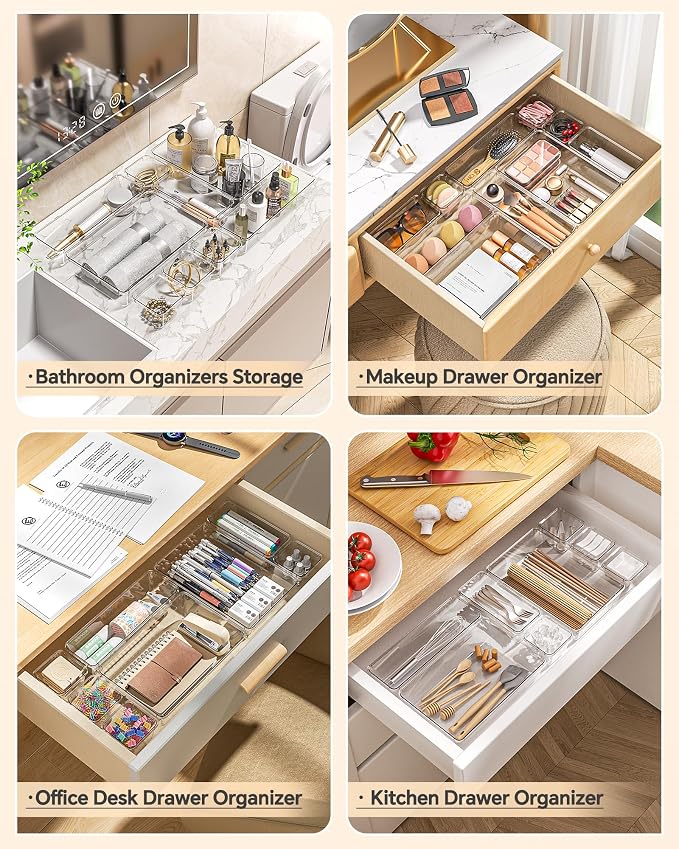 KEMETHY 25 PCS Plastic Drawer Organizers Set, 4 Sizes Vanity Organizer | Makeup and Desk Drawer Organizer Trays, Organization and Storage for Makeup, Bathroom, Kitchen Utensils and Office (Clear) - Image 4