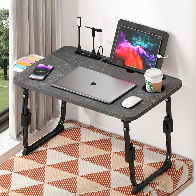 Lap Desk for Bed, Adjustable Laptop Desk with USB Charging Port, Storage Drawer & Bookshelf — Foldable Bed Desk for WFH & Students, 23.6" Desktop Fits 17" Laptop, Non-Slip, Deep Stone Texture - Image 9