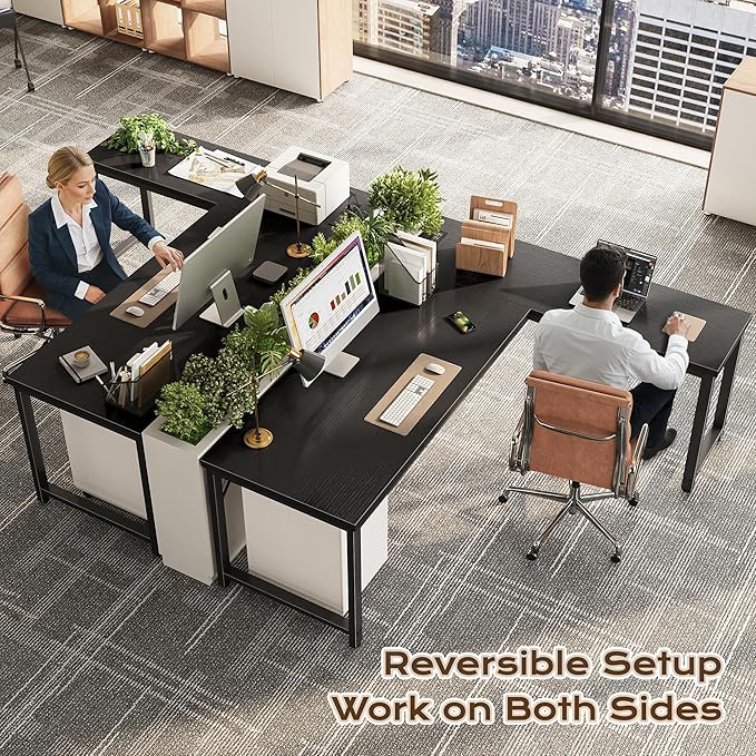 Huuger 63 Inch L Shaped Desk with Power Outlets and USB-C Port, Reversible Computer Desk, Larger Office Corner Gaming Desk, 0.95 Inch Thicker Desktop, Metal Frame, for Home Office, Study, Black - Image 2