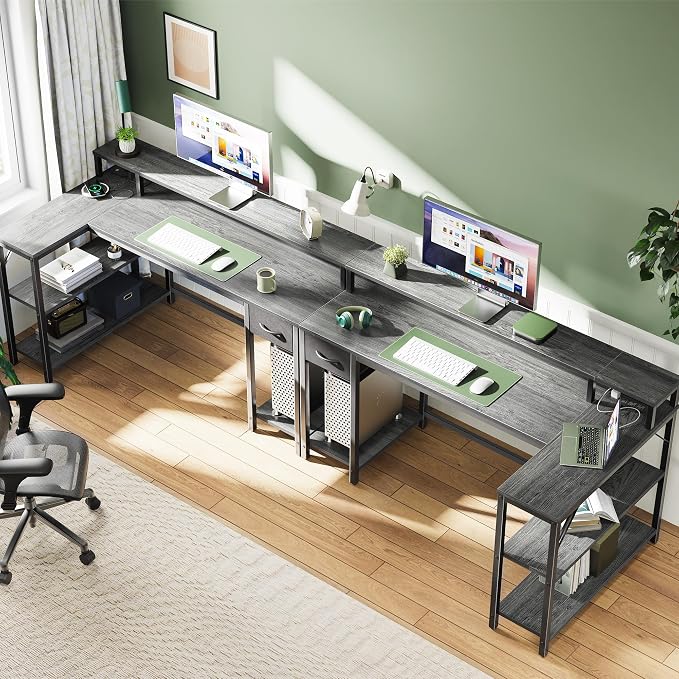 SUPERJARE 53 inch Reversible L Shaped Desk with LED Lights & Power Outlets, Computer Desk with Shelves & Monitor Stand, Gaming Desk with Drawer, Home Office Desk Corner Desk, Grey - Image 7