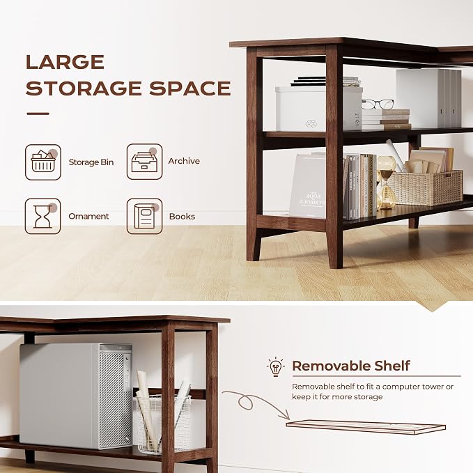 IOTXY Reversible L-Shaped Office Desk - 63" Extra Large Corner Computer Table with Storage Shelves, Solid Wood Legs, Home Writing & Study Workstation, Walnut - Image 5