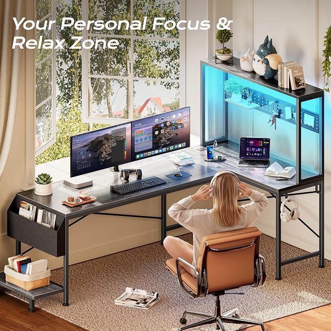 PRAISUN L Shaped Gaming Desk with LED Lights & Power Outlets, Reversible Computer Desk with Storage Shelves & Bag, Large Corner Home Office Desk with Pegboard for Work from Home, Grey - Image 6