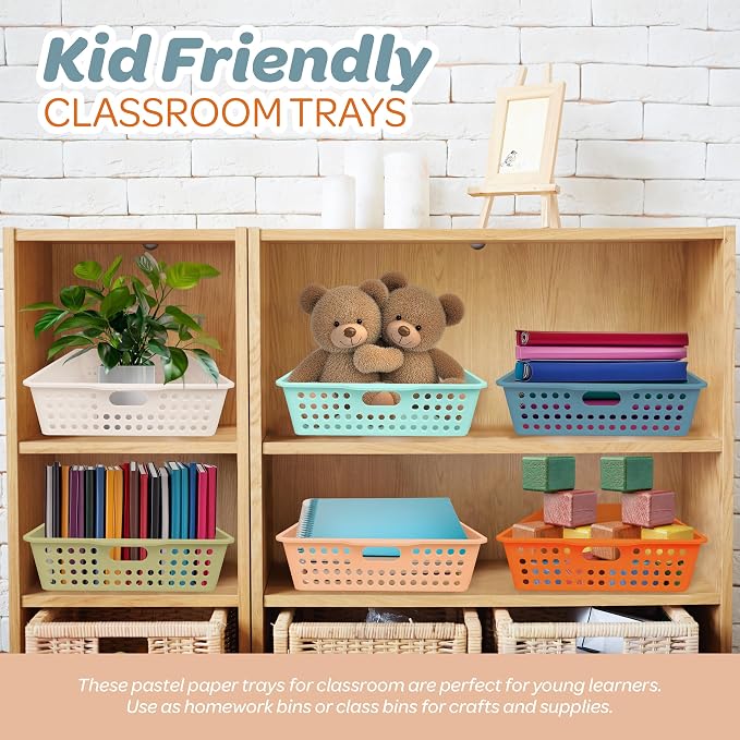 4E's Novelty 6 Pack Classroom Paper Baskets, Organizing Desk Boho Tray for A4 Papers, Classroom Storage Plastic Paper Bins, Fun Turn In Trays for Teachers and Students, Office Desk Room Trays - Image 6