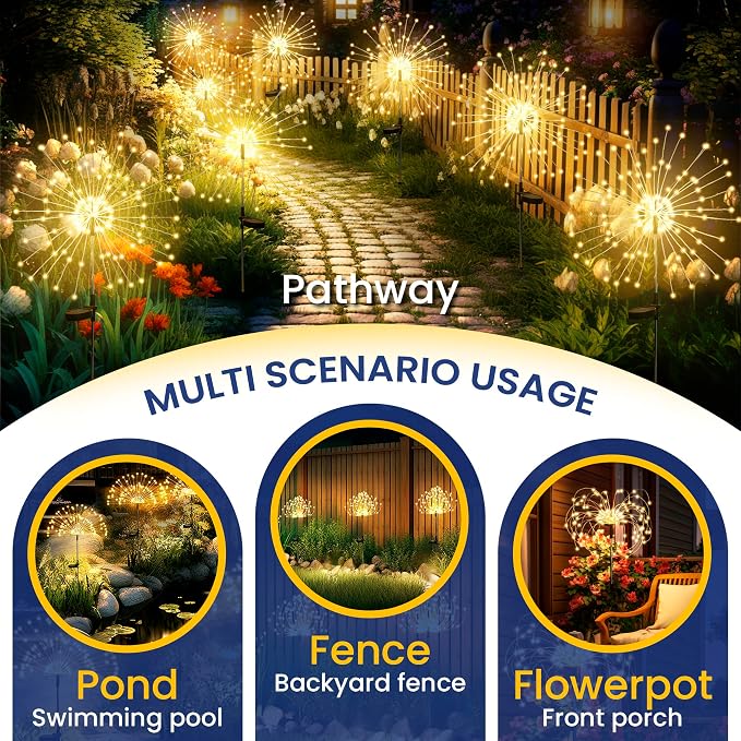 GIGALUMI Garden Decor Outdoor Lights 120LED 6Pack, Solar Garden Lights Outside Fairy Firework Decorative,Solar Powered for Yard Pathway Flowerbed Planter Balcony Patio, Gifts for mom (Warm White - Image 5