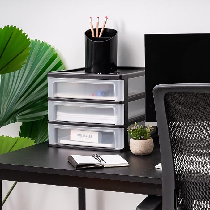 IRIS USA 3-Drawer Medium Plastic Stacking Desktop Organizer, Black | Organize office supplies, stationery, makeup, craft materials and everyday essentials for neat desktop storage - Image 6