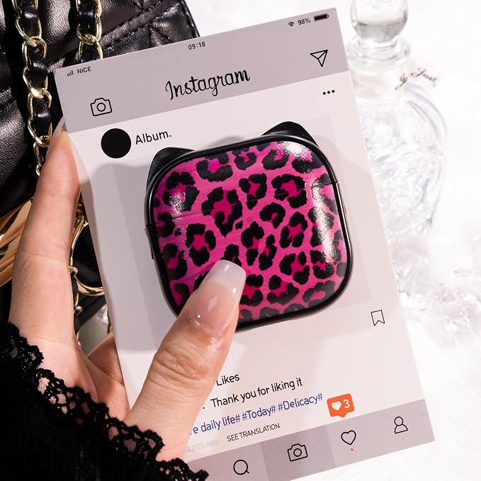 for AirPods 4 Case with Cleaning Kit, Cute Cat Ear Print Design & Cute Buckle, Inverted Phone Holder Design, Top Safe Lock Buckle Design, for Girls AirPods 4 case 2024, Rose Leopard - Image 4