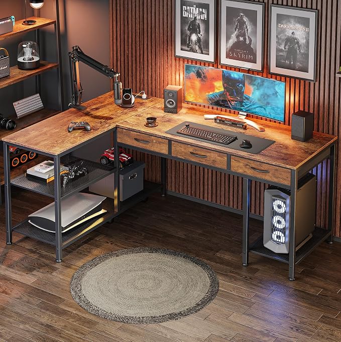 PRAISUN 55 Inch L Shaped Office Desk with Power Outlets and Type-C Port, Large Computer Gaming Desk with 3 Fabric Drawers, Mesh Shelves, Corner Study Work Writing Desk, Rustic Brown - Image 9