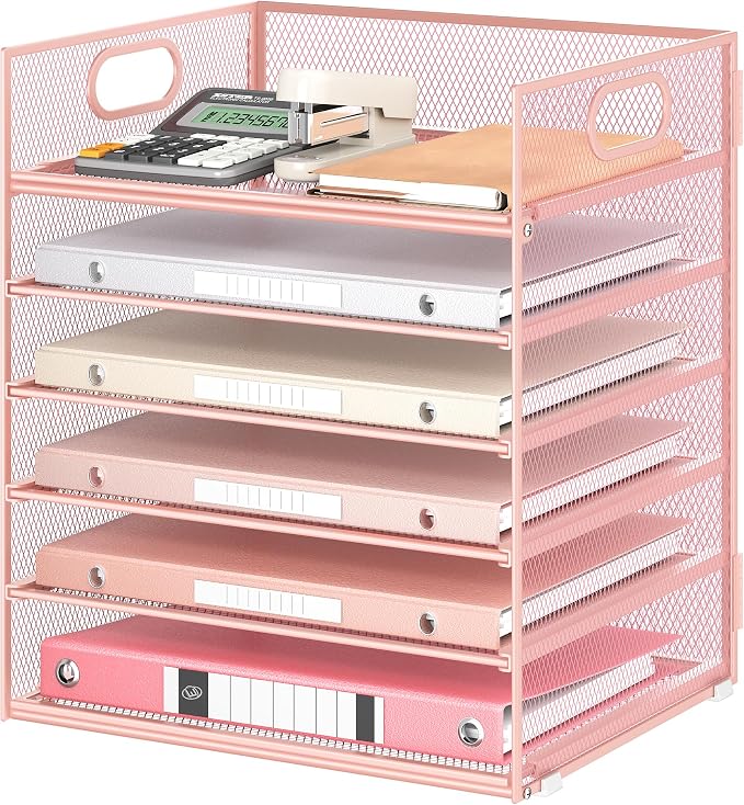 6 Tray Paper Organizer Letter Tray with Handle - Mesh Desk File Organizer, Paper Sorter Organizer for Office, Home or School File Folder Holder - Pink by Lavatino