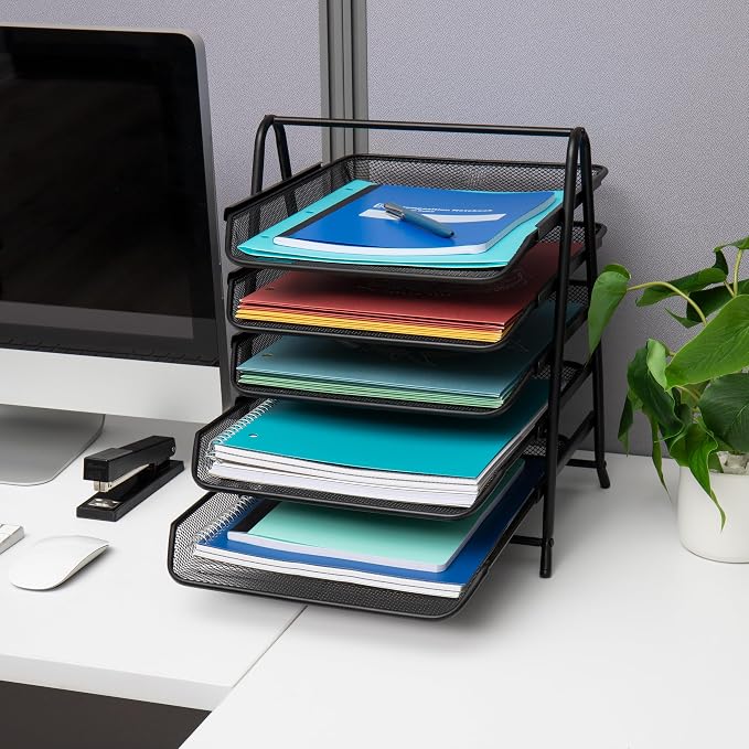 Mind Reader 5-Tier Paper Tray Organizer, Vertical Desktop File Storage Rack, Office, Metal Mesh, Black (Pack of 6) - Image 6