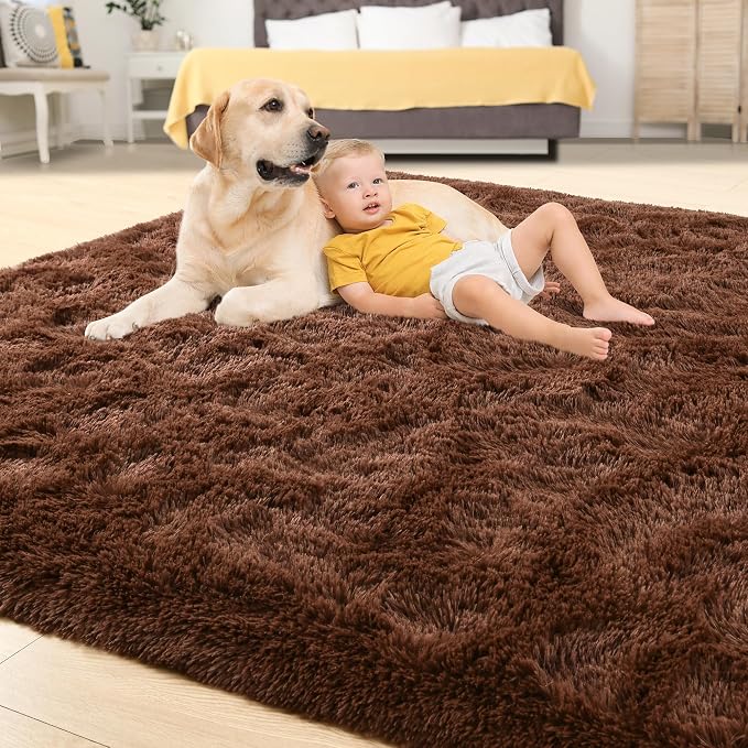 Tepook Super Soft Fluffy Rug for Bedroom, Modern Shaggy Fuzzy Kids Rugs for Living Room, Plush Indoor Nursery Home Decor Dorm Carpet with Non-Slip Bottom, Brown, 3 X 5 Feet - Image 4
