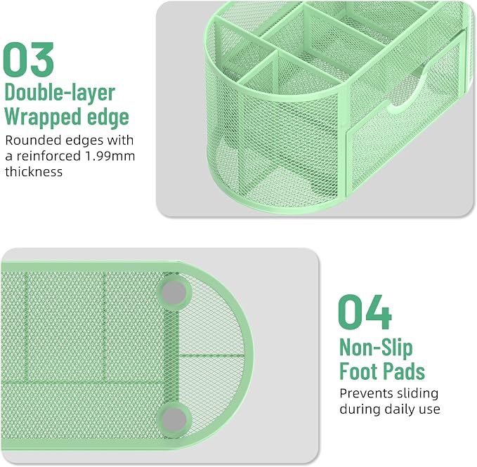 Mesh Desk Organizer with Drawer, 9-Compartment Pen Holder for Desk, Green | Pull-Out Drawer Stores Pens, Pencils, Clips, Notes, and Small Office or School Supplies in One Compact Desk Caddy - Image 6