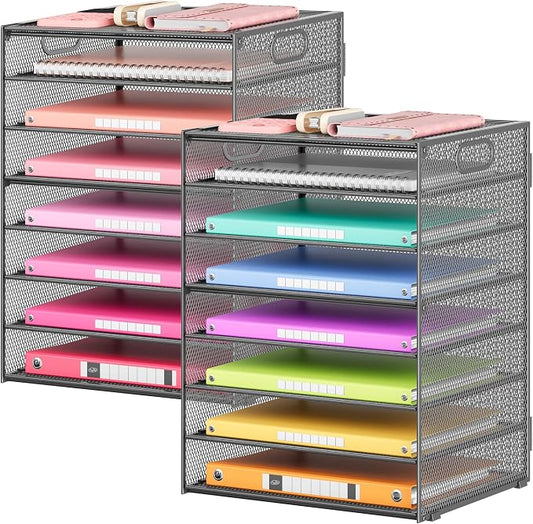 Lavatino 2 Pack 8-Tier Office Desk File Organizer, Letter Tray Paper Organizer with Handle, Including 5 Adjustable Slide Trays for Organizing Desk Workspace Accessories and Supplies (Grey Metal Mesh) by Lavatino