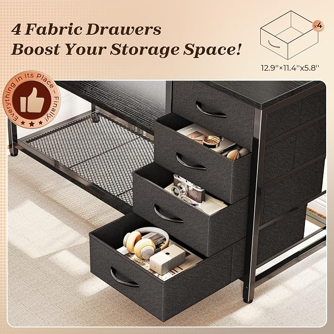 PRAISUN 61" L Shaped Desk with Power Outlets & USB-C Port, Reversible Computer Corner Office Desk with 4 Fabric Drawers and 2 Storage Shelves, Large Desk for Gaming Writing Study, Black - Image 7