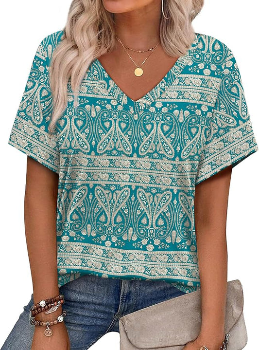 Alaroo Womens Summer Tops 2026 V Neck Short Sleeve Shirts Trendy Dressy Casual Vacation Outfits Printed by Alaroo